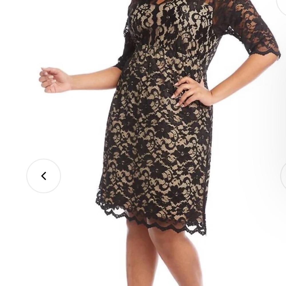 Karen Kane Black and Tan Sheath Dress V-Neck Midi